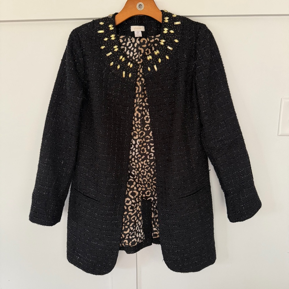 Chico's Women's Coat Black Tweed Boucle Collarless Jewel Black Animal Print 0‎ S
